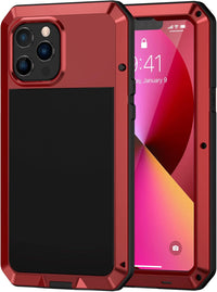 Lanhiem Heavy Duty Case for iPhone 13 Pro Max Shockproof Cover Tough Armour Metal Case with [Tempered Glass Screen Film], 360 Full Body Protective Case Cover for iPhone 13 Pro Max - Red