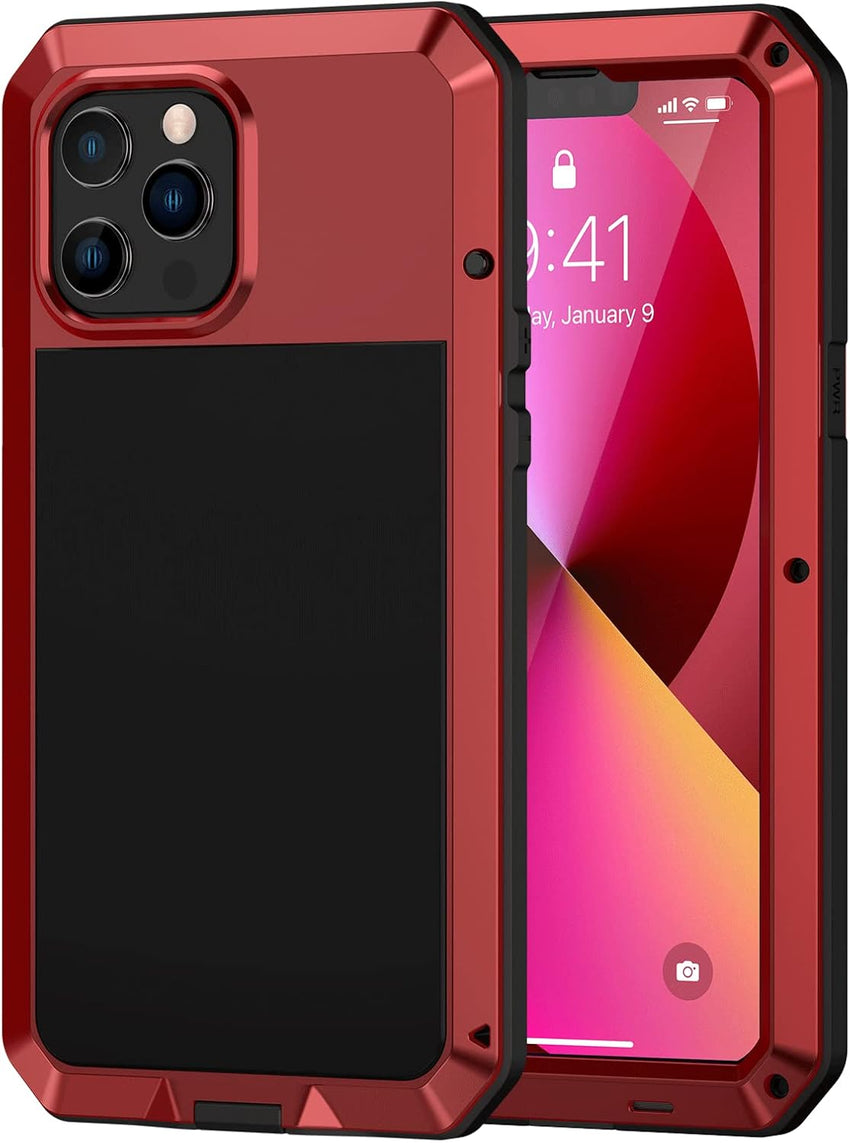 Lanhiem Heavy Duty Case for iPhone 13 Pro Max Shockproof Cover Tough Armour Metal Case with [Tempered Glass Screen Film], 360 Full Body Protective Case Cover for iPhone 13 Pro Max - Red