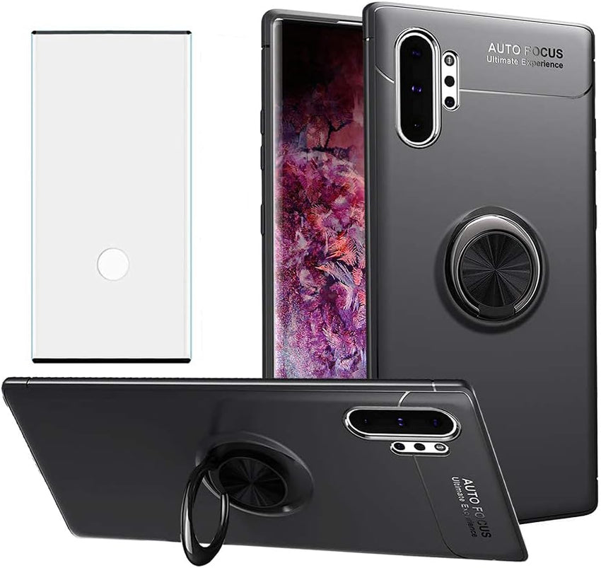 Phone Case for Samsung Galaxy Note 10 pro and Tempered Glass Screen Protector Cover With Stand Ring Holder Kickstand Accessories Heavy Duty Rugged Protective Shockproof Hard Bumper Black