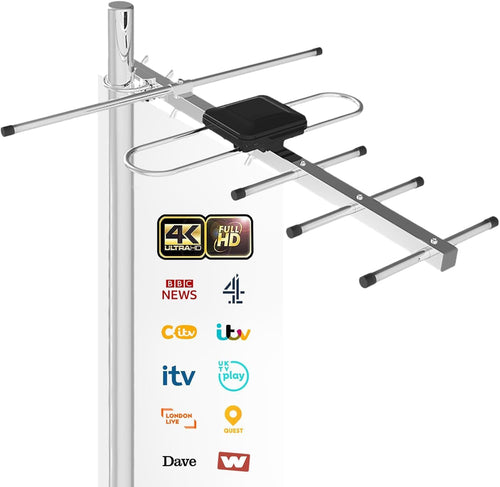Outdoor TV Aerial for Freeview â Long Range 360Â° Reception â Supports 4K/Full HD â Digital External TV Antenna for Smart TV/DVB-T2 â Easy Roof or Loft Installation â 8M Coaxial Cable