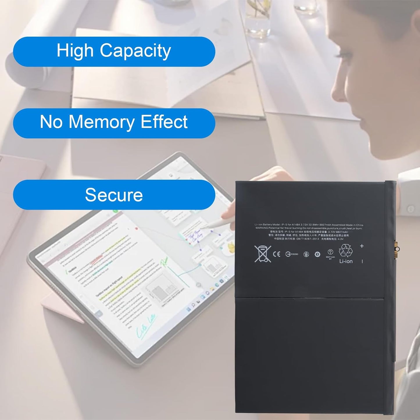 A1484 Battery Replacement for iPad 5th 6th 7th 8th Generation, A1474 A1475 A1476 A1822 A1823 A1893 A1954 A2197 A2198 A2200 A2270 A2428 A2429 A2430 MRJN2LL/A MD785LL/A MD786LL/A MD787LL