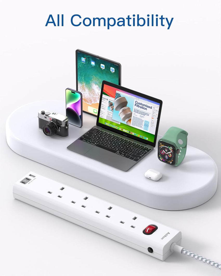 Extension Lead with 3 USB Slots(2 USB C), 4 Way Plug Extension Socket, 1.8M Wall Mount Socket Extension Cable, Multiplug Power Strip for Home, Office, School Supplies