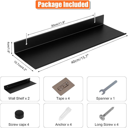 YUET Bathroom Shelf 2 Pack, Black Shower Caddy Wall Mounted Or Self Adhesive No Drill Waterproof, Metal Small Floating Shelves, Wall Storage Shelf for Living Room Bedroom Kitchen Floating Shelves 40CM
