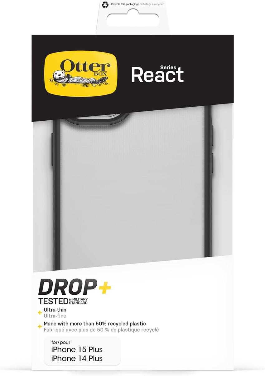 OtterBox React Series Case for iPhone 15 Plus/14 Plus, Shockproof, Drop proof, Ultra-Slim, Protective Thin Case, Tested to Military Standard, Clear/Black