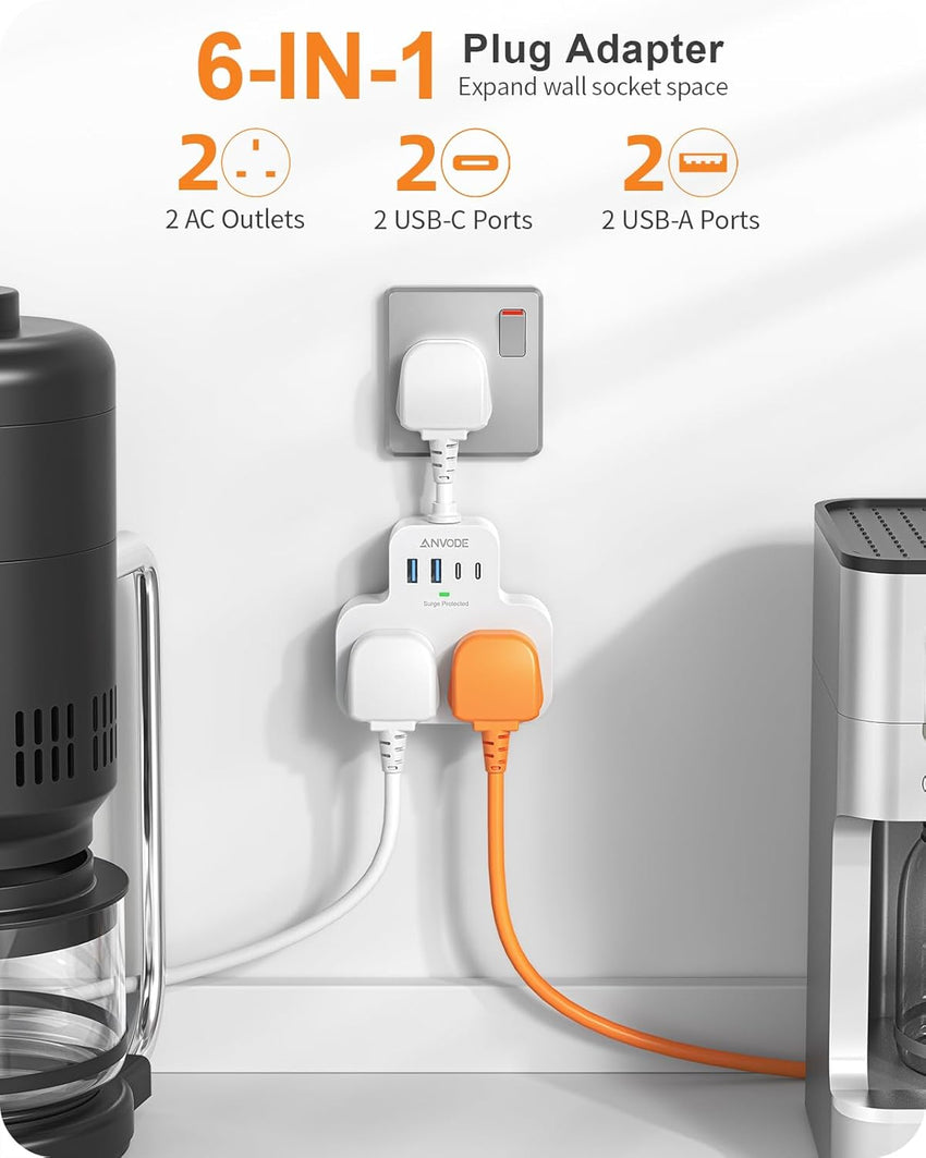 Multi Plug Extension Socket with 4 USB Ports, ANVODE 2 Way Plug Adaptor with Flexible Cable, Short Extension Lead Double Adapter Plug UK for Bedroom, Office, Kitchen. White
