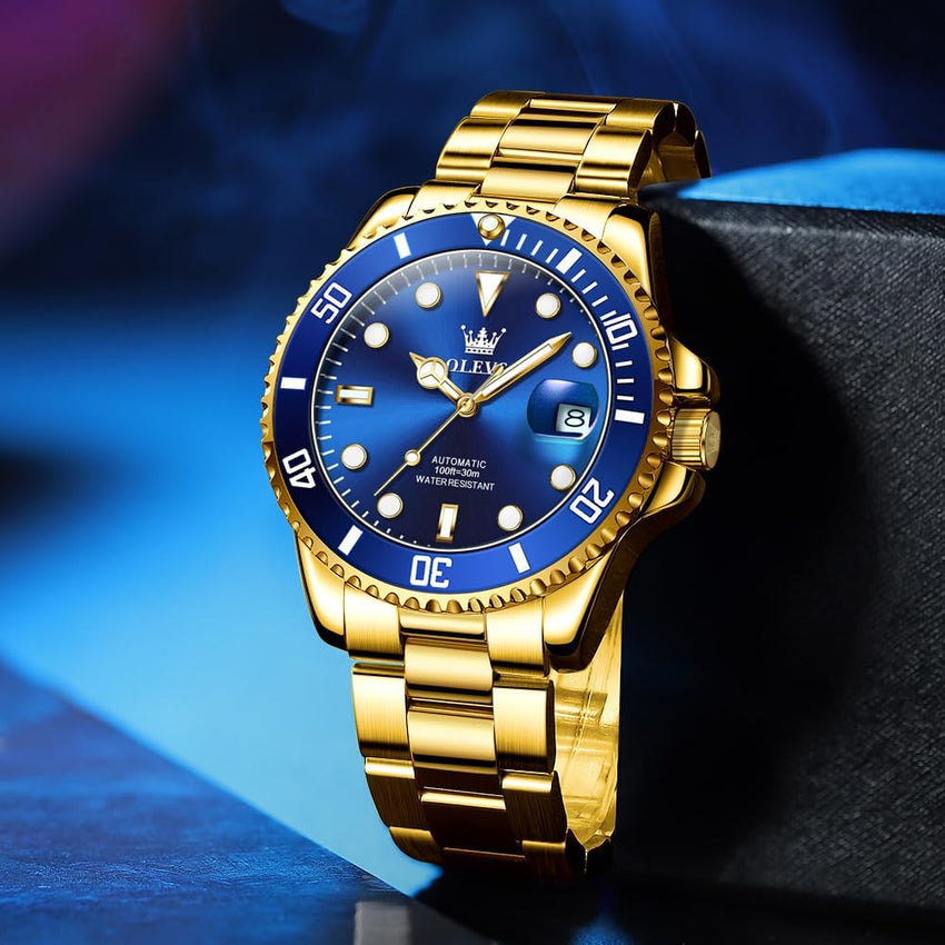 Men's Automatic Watch Big Stainless Steel Case Date Display Blue/Gold