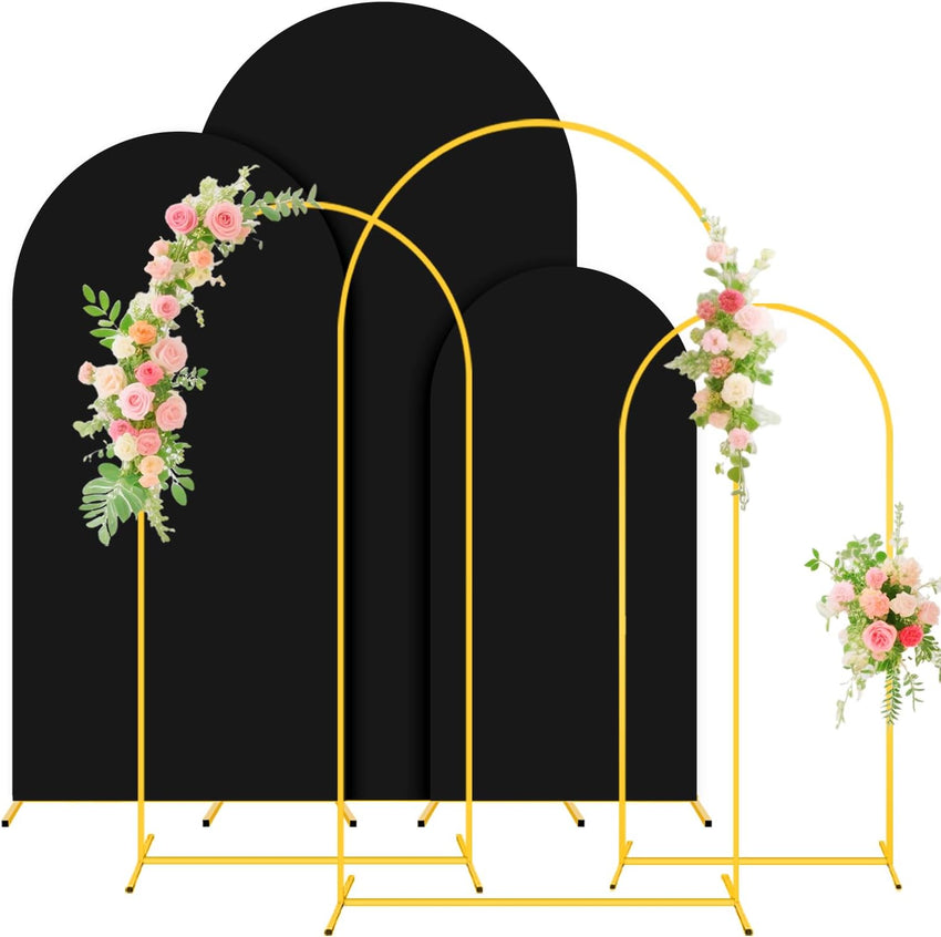 3-Piece Metal Arch Backdrop Stands with Gold Frames & Black Covers 6ft/5ft/4ft Black 3pcs