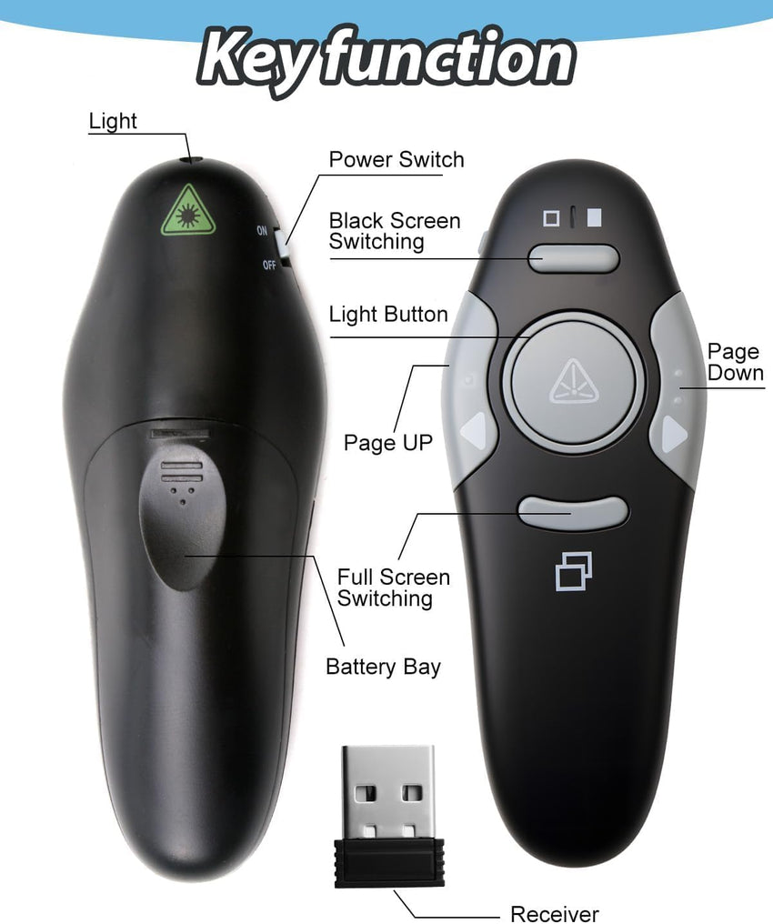 Presentation Clicker Pointer incl batteryWireless 328FT Presenter Remote USB PPT Clicker 2.4GHz Pointer Teacher Accessories for PowerPoint Slide Advancer for Keynote/PPT/Mac/PC/Classrooms Back to school Black