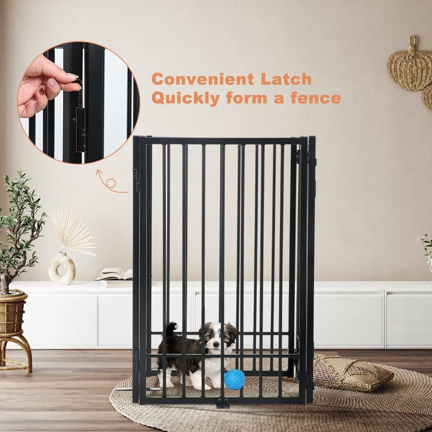 SMONTER Free Standing Dog Gate with Door Walk Through, 306cm Extra Wide Indoor Dog Fence, 80cm Height 6 Panels Foldable Metal Pet Puppy Gate for Stairs, Hallways, Doorway