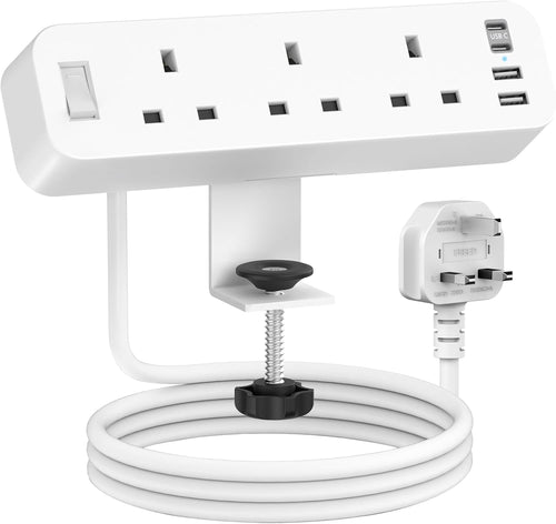 Desk Power Socket with 4 USB (2 Type C), ANVODE 3 Way Desktop Power Strip with Switch, Desk Extension Lead 2M for Home Office (White)