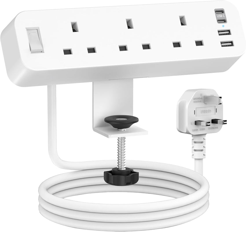 Desk Power Socket with 4 USB (2 Type C), ANVODE 3 Way Desktop Power Strip with Switch, Desk Extension Lead 2M for Home Office (White)