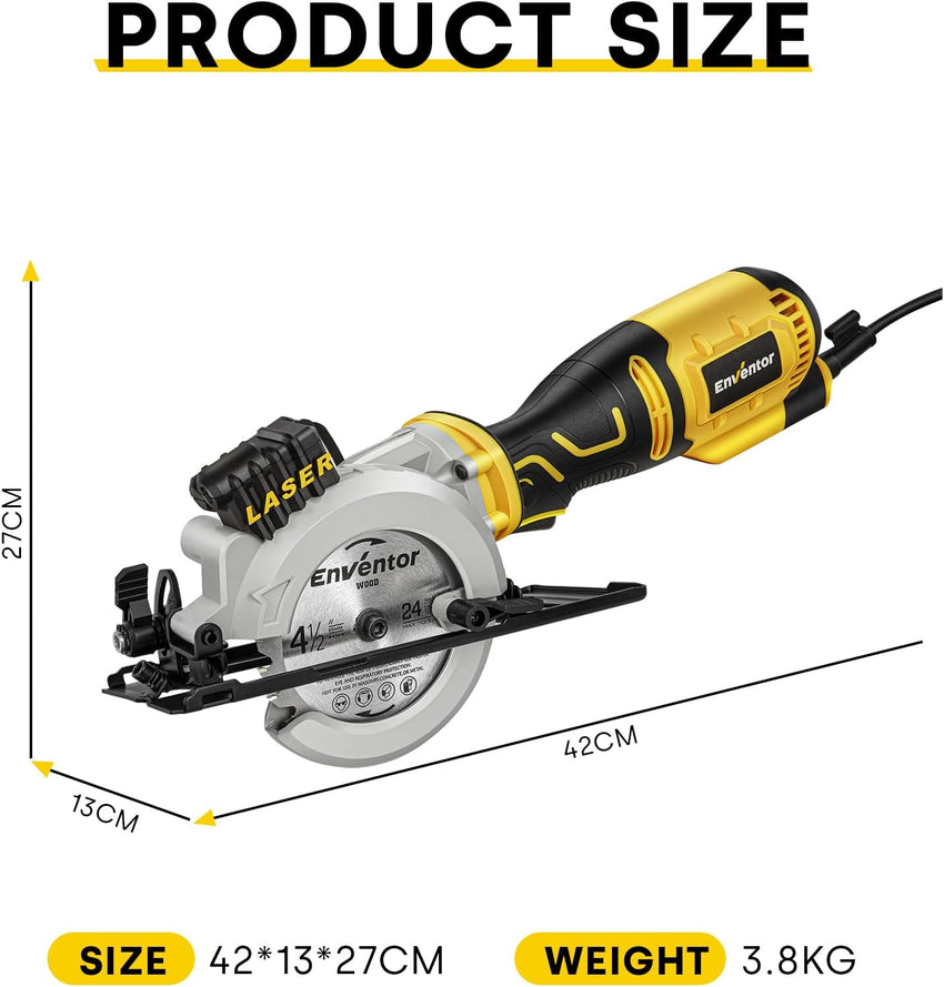 Enventor Mini Circular Saw, 705W 3500RPM Pure Copper Motor Compact Electric Circular Saw with Laser Guide, 6 Blades(115mm), Max Cutting Depth 42.8mm(90ÃÂ°), 28mm(45ÃÂ°) for Wood, Soft Metal, Tile, Plastic