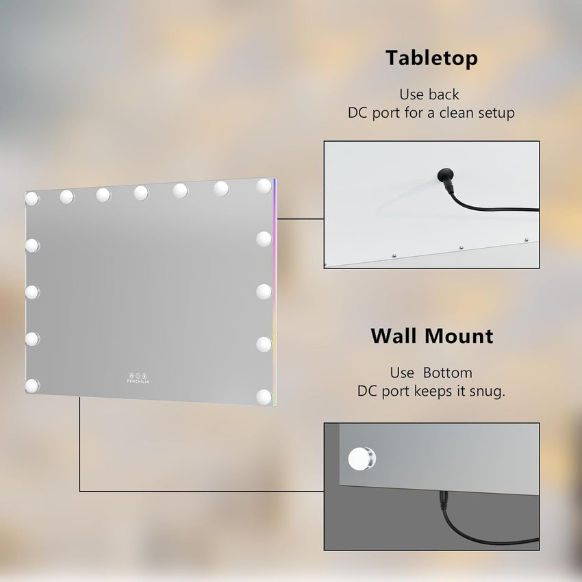 FENCHILIN Hollywood Mirror with RGB Backlit 15 LED Vanity Mirror with Lights 3 Lighting Modes Dynamic RGB Backlit Hollywood Vanity Makeup Mirror with Lights Shatterproof for Dressing Table 58x46cm