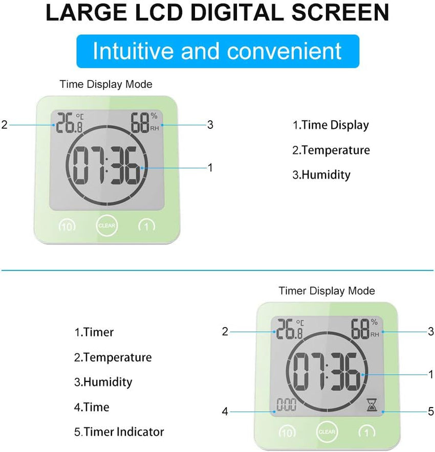 ALLOMN Bathroom Clock, LCD Digital Shower Clock Alarm Waterproof Touch Control Ã¢âÆ/Ã¢ââ° Temperature Humidity, Count Down Timer, 3 Mounting Methods, Battery Power (Green)