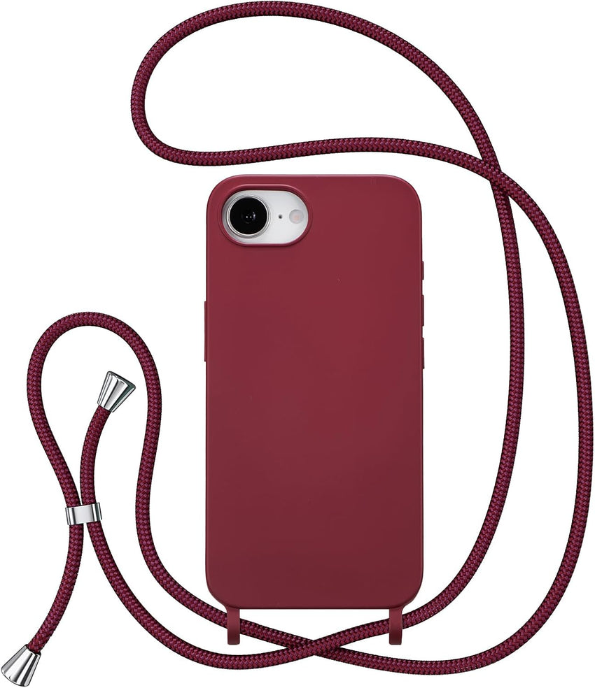ZTOFERA Crossbody Lanyard Case for iPhone 16e/17e (6.1"), Liquid Silicone Protective Phone Case with Strap Adjustable Neck Cord Necklace Soft Cover for iPhone 16e/17e, Wine Red