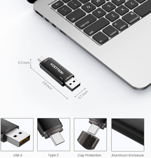 KOOTION 2-in-1 Dual USB A & C OTG Flash Drive - 128 GB for Android, Tablet, Laptop (Black)