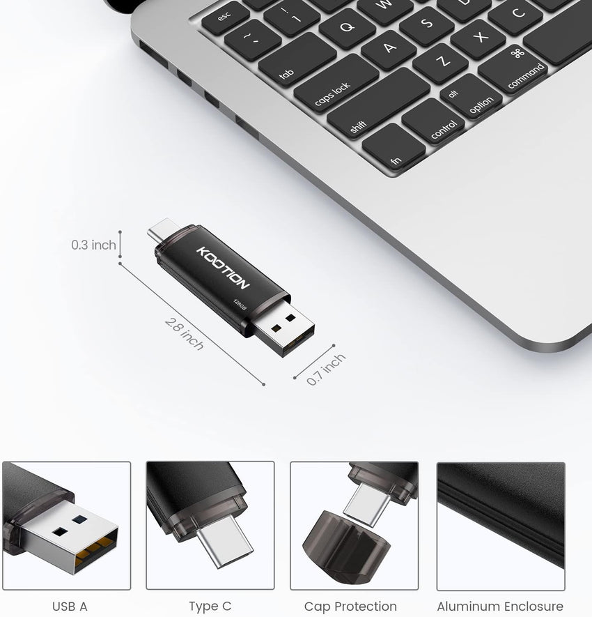 KOOTION 2-in-1 Dual USB A & C OTG Flash Drive - 128 GB for Android, Tablet, Laptop (Black)