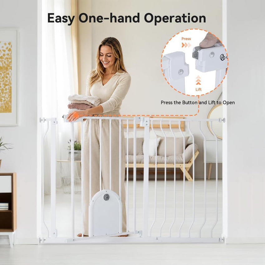 COMOMY 75-123cm Stair gate Pet Gate with Adjustable Cat Flap, Dog Gate for Stairs Doorways, Auto Close Baby Gate with Cat Door for House, Pressure Fit Easy Walk Through Safety Gate Extra Wide (White)