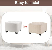 Stretch Foot Stool Cover Stripe Square Foot Stool Slipcover with Elastic Furniture Protector for Living Room Bedroom Fit Length 85-95cm / 33"-37", Large, Khaki
