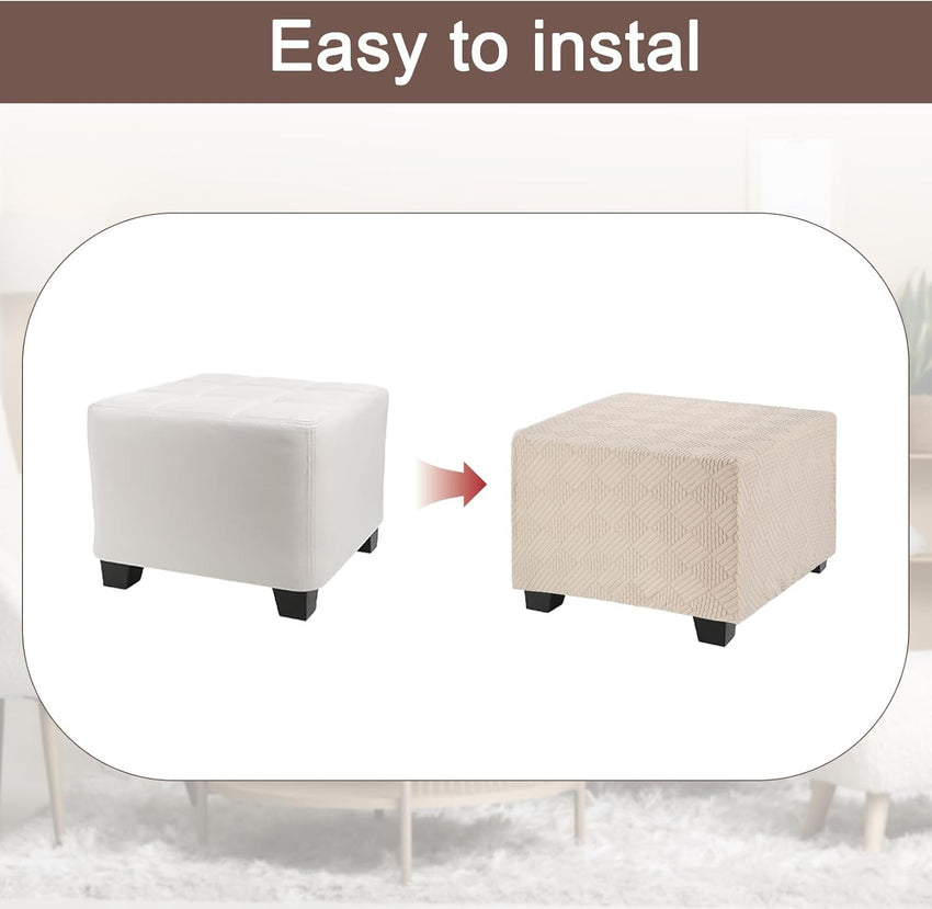 Stretch Foot Stool Cover Stripe Square Foot Stool Slipcover with Elastic Furniture Protector for Living Room Bedroom Fit Length 85-95cm / 33"-37", Large, Khaki