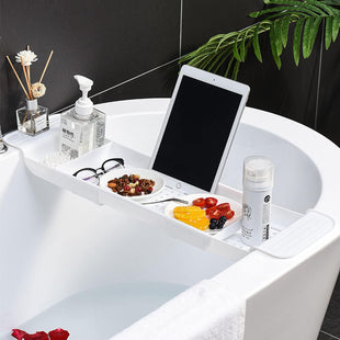 Expandable Drain Bath Shelf Caddy Tray, Multifunctional Plastic Bathtub Tray Bathroom Organizer Simple Stylish Bathtub Storage Rack for Candle Towel, Book, Wine, Phone, Shower (Grey)
