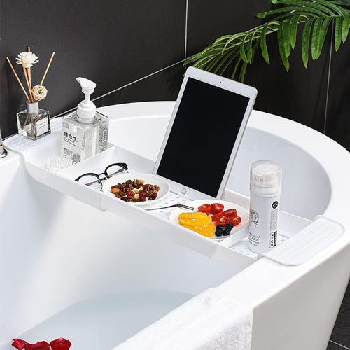 Expandable Drain Bath Shelf Caddy Tray, Multifunctional Plastic Bathtub Tray Bathroom Organizer Simple Stylish Bathtub Storage Rack for Candle Towel, Book, Wine, Phone, Shower (Grey)
