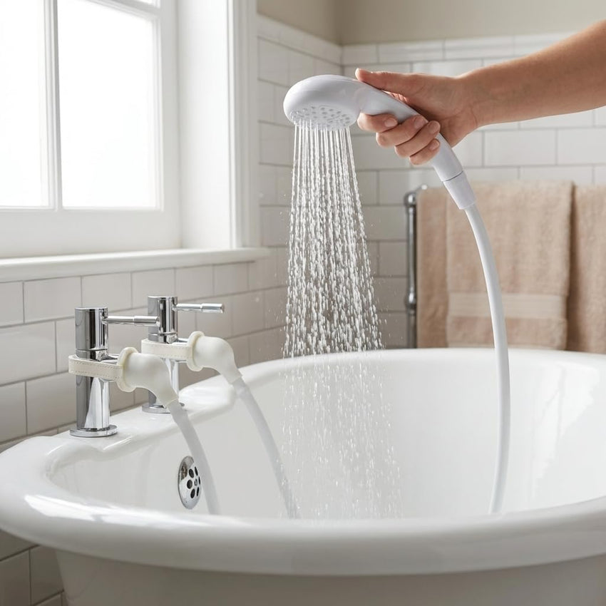 Croydex Secura Shower Head and Hose - Easy Install Push On Shower Attachment for Bath Taps with 1750mm Hose Length, Straps to Secure, Rub Clean Nozzles and Compatible with Low or High Pressure Systems