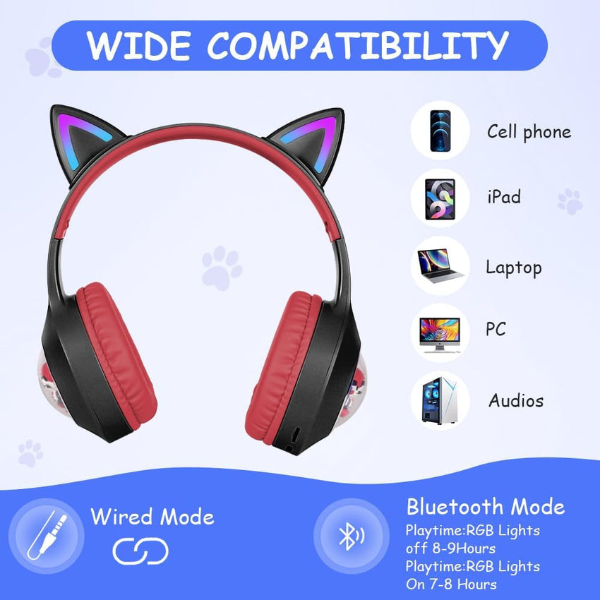 AXFEE Bluetooth Kids Headphones, LED Light Up Cat Ear Wired/Wireless Headphone, HD Stereo Sound, 10H Playtime, Foldable Children Headphone for PC Phone Ipad Study Travel School, 105dB Volume Limited
