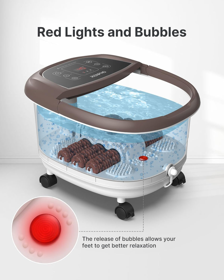 RENPHO Motorized Rollers Foot Spa Massager, Foot Bath with Fast Heating, Automatic Massage, Powerful Bubble Jets, Pedicure for Tired Feet, Adjustable Timer and Temperature,Brown