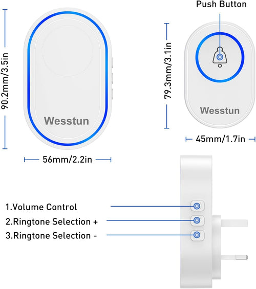Wireless Doorbell 2 Receivers, IP67 Waterproof Door Chime Kit Operating at The Range of 300m, 2 Plug-in Door Bell Receivers with 39 Ringtones, LED Light & 5-Level Volume Control, White