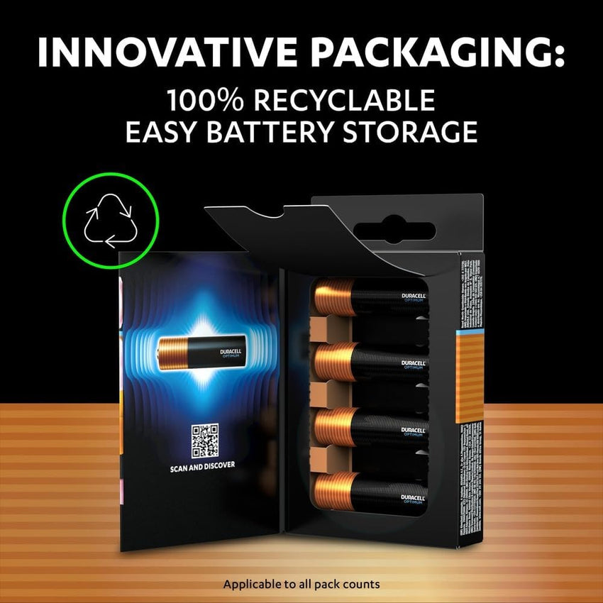 DURACELL Optimum AA Batteries (8 Pack) - Alkaline Batteries 1.5V - 200% More Power Boost Actives - Meets Demands Of Modern Devices - 100% Recyclable, 0% Plastic Packaging - MX1500