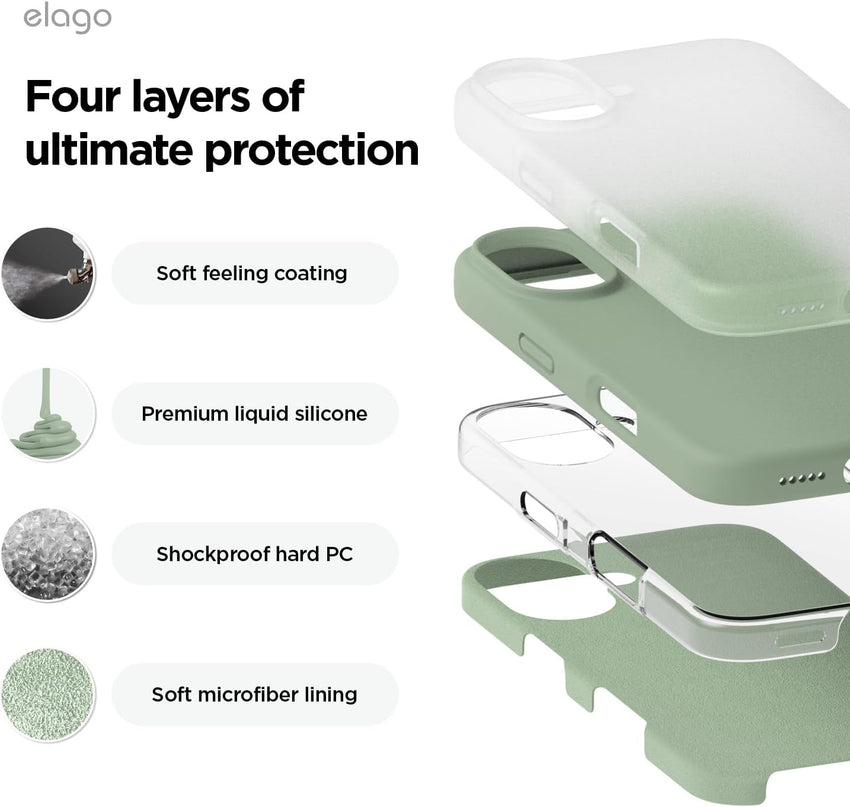 elago Compatible with iPhone 16 Case, Premium Liquid Silicone Case, Full Body Protective Cover, Shockproof, Slim Phone Case, Anti-Scratch Soft Microfiber Lining, 6.1 inch (Khaki Green)