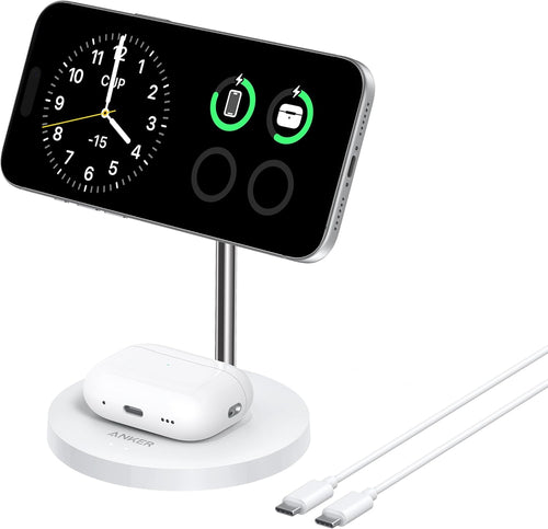 Anker MagGo 2-in-1 Wireless Charging Station, MagSafe Charger Compatible, Qi2 Certified 15W Wireless Stand, Apple Watch Charger for iPhone 16/15/14 Series, AirPods (No AC Adapter)