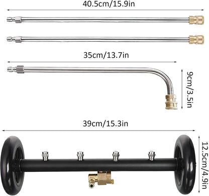 16" 2-in-1 Pressure Washer Undercarriage Cleaner Water Broom, Surface Cleaner Power Washer Attachment with 3 Extension Rods 4 Nozzles and QC Pivot Coupler, 4000 PSI 40cm