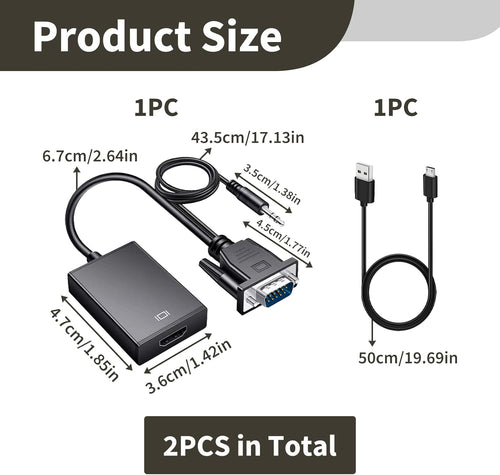VGA to HDMI Adapter with Audio, 1080P HDMI Female to VGA Male Converter Cable - 0.5m, USB Powered for Laptop, HDTV, Monitor - Includes USB & Audio Cable, Intelligent Charging, Universal Compatibility