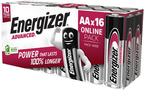 Energizer Advanced - AA Batteries (16 Pack) - Double A Battery 1.5V - Up To 100% Longer Lasting - Ideal for High-Drain Devices - 0% Plastic Packaging - 10 Year Shelf Life [Amazon Exclusive]