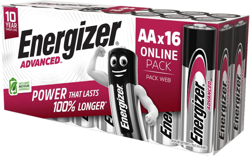 Energizer Advanced - AA Batteries (16 Pack) - Double A Battery 1.5V - Up To 100% Longer Lasting - Ideal for High-Drain Devices - 0% Plastic Packaging - 10 Year Shelf Life [Amazon Exclusive]