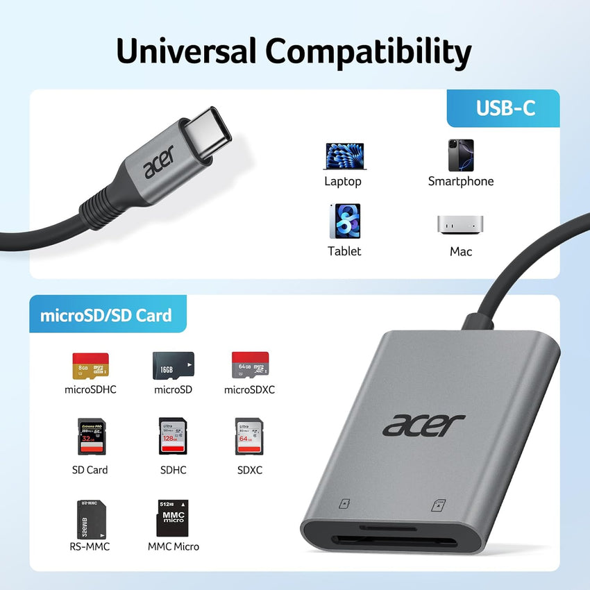 Acer USB-C SD Card Reader, High Speed Type-C Micro SD Card Adapter, USBC External Memory Card Reader SDXC, Micro SDXC Card, Compatible with MacBook Pro/Air, Acer Laptop, iPhone 16, Camera, and More