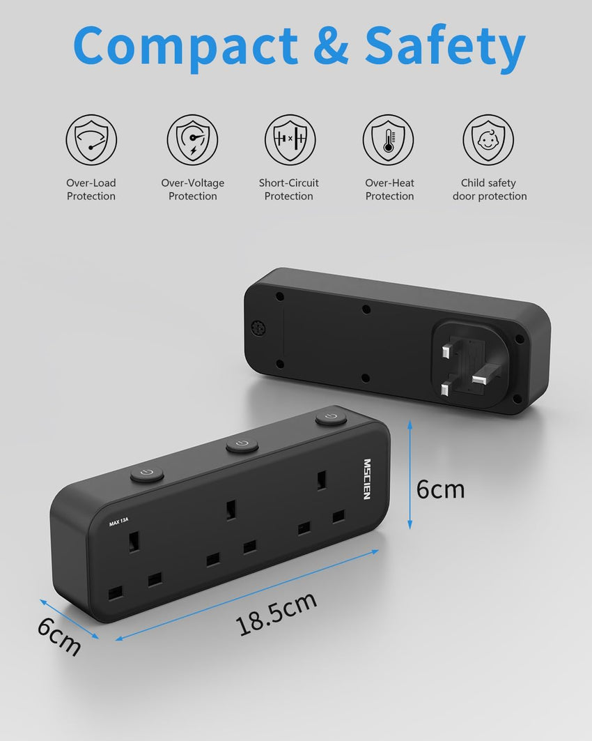 Mscien Plug Adapter, 3 Way Plug Extension Socket with Individually Switched, Multi Plug Adaptor Black Socket Extender, Wall Socket Extension for Home, Office, Dorm