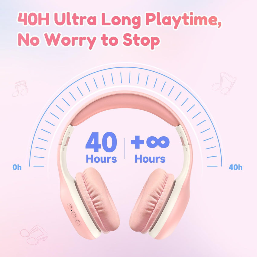 EarFun K2 Kids Bluetooth Headphones for School, Kids Headphones with Mic | Volume Limited, 40H Playtime, Built-in Mic, Stereo Sound, Foldable Over-Ear Headphone for Kids/Toddler/Travel/Tablet, Pink