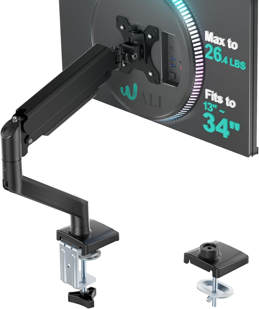 WALI Single Monitor Arm for 17-34 inch Screens, Ergonomic Gas Spring Monitor Arm Desk Mount up to 12 kg, Adjustable Computer Monitors Stand with Clamp and Grommet Base, VESA 75/100mm (GSMP001N), Black