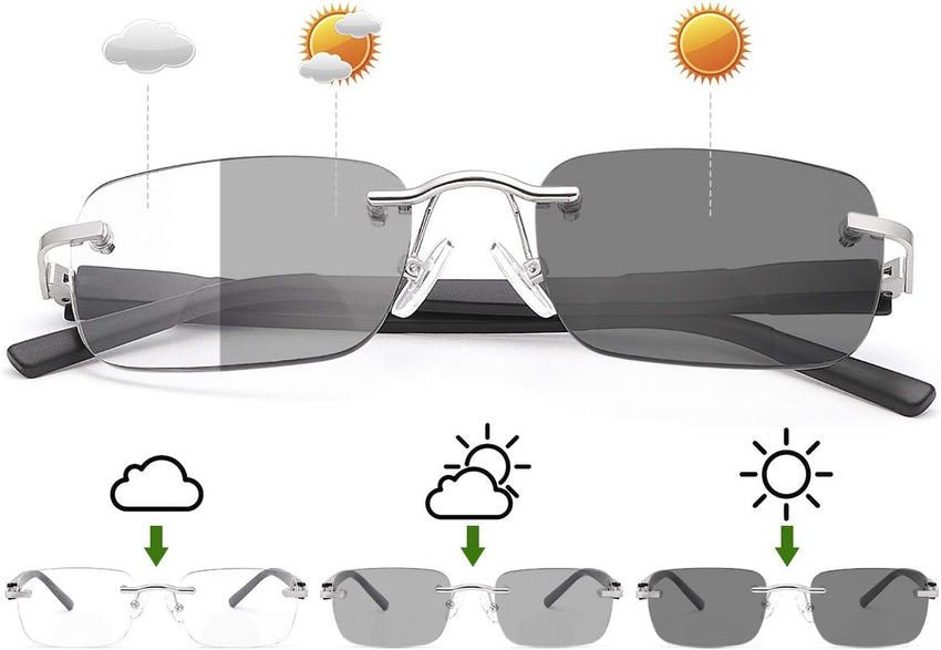 Rimless Photochromic Bifocal Sunglasses +3.0 Blue Light Blocking for Men & Women Clear