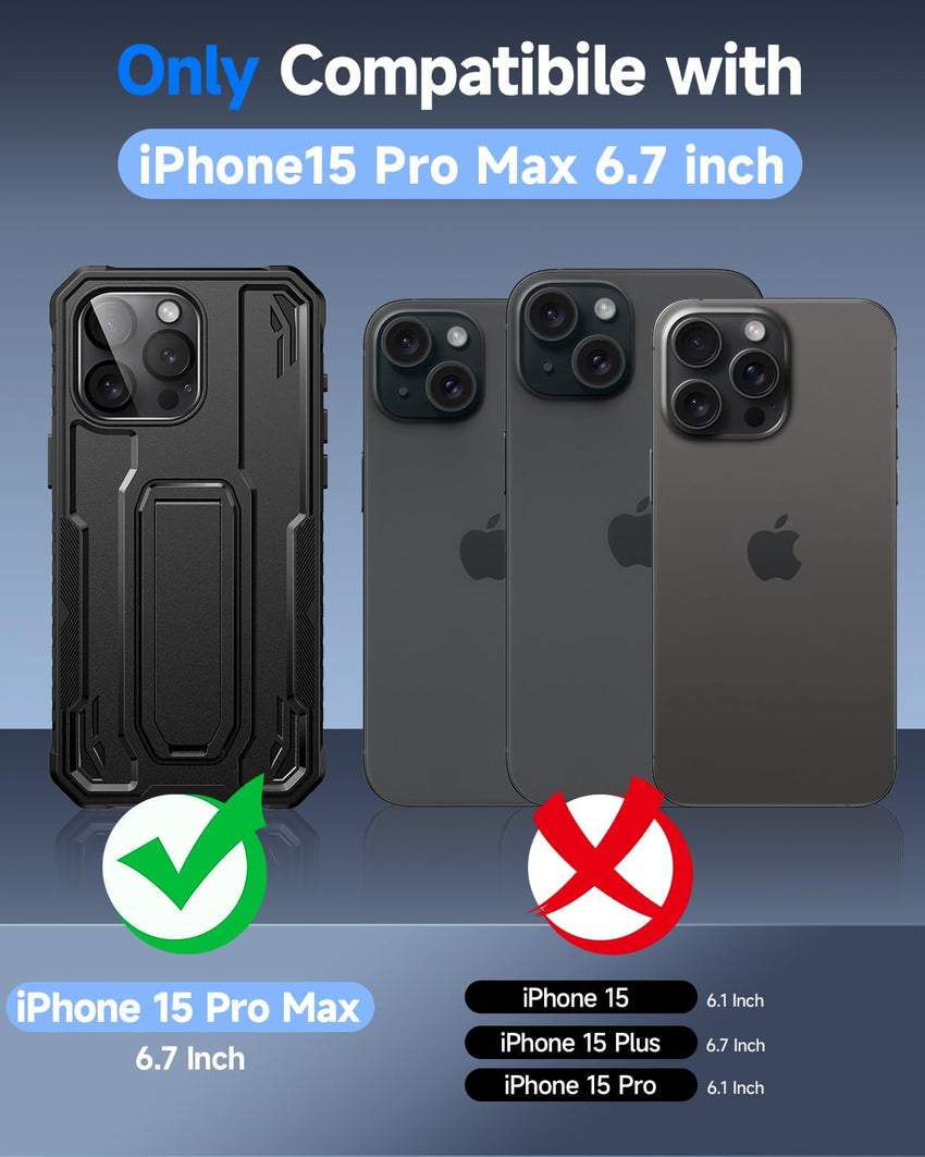 seacosmo for iPhone 15 Pro Max Case with Kickstand, Shockproof Military Grade Protective Phone Cover [Built-in Tempered Glass Screen Protector + Camera Lens Protector] Dual Layer Full Protection
