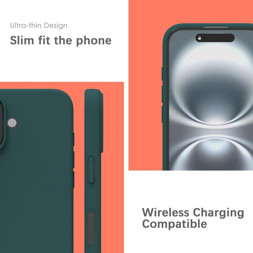 YATWIN Silicone Case for iPhone 16, Soft-Touch, Shockproof, DustProof, Antiskid Full Body Armour Phone Cover for Apple iPhone 16 - Dark Green