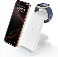 Wireless Charger for Fitbit Charging Station - GEEKERA 3 in 1 Phone Charger Stand for Google Pixel Watch 3/2/Fitbit Sense 2/Sense/Versa 4/3, iPhones/Samsung/Google Phones, AirPods 4/Pro/3/2-White