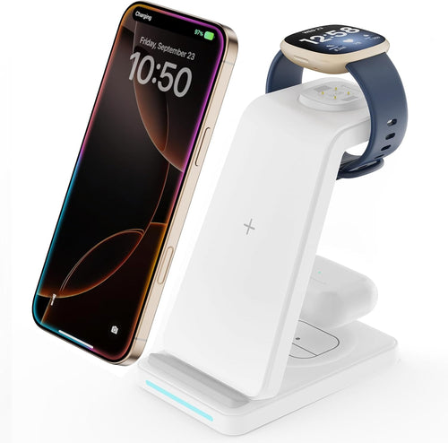 Wireless Charger for Fitbit Charging Station - GEEKERA 3 in 1 Phone Charger Stand for Google Pixel Watch 3/2/Fitbit Sense 2/Sense/Versa 4/3, iPhones/Samsung/Google Phones, AirPods 4/Pro/3/2-White
