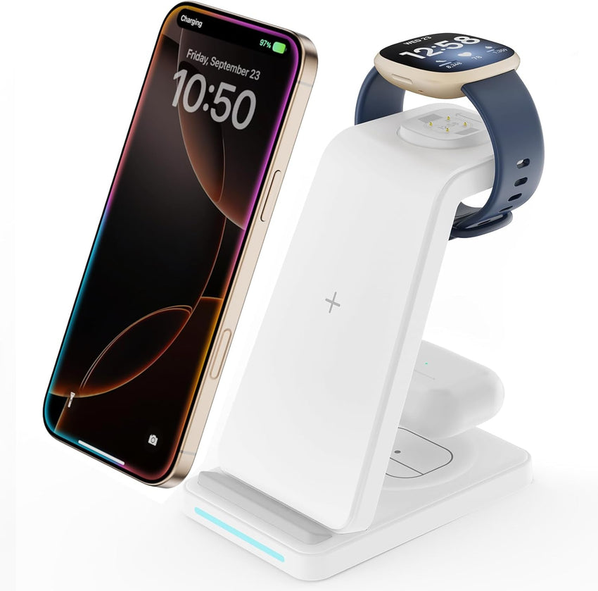 Wireless Charger for Fitbit Charging Station - GEEKERA 3 in 1 Phone Charger Stand for Google Pixel Watch 3/2/Fitbit Sense 2/Sense/Versa 4/3, iPhones/Samsung/Google Phones, AirPods 4/Pro/3/2-White