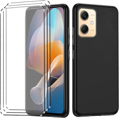 [4 in 1] Case Compatible with Redmi Note 12 5G Cover with 3 Pack Tempered Glass Screen Protector for Redmi Note 12 5G, Slim Fit Soft TPU Shockproof Anti-Scratch Phone Case Cover - Black
