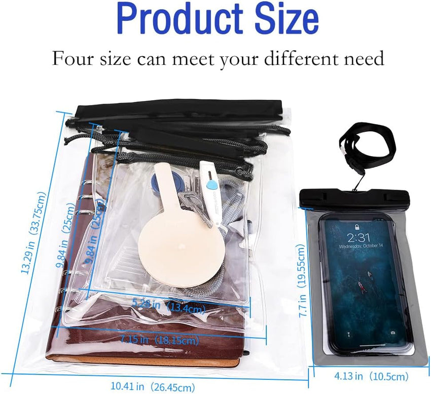 Clear Waterproof Pouch Bag, [4 Pack] Waterproof Bags Large Size Set, Waterproof Case Dry Bag for Beach/Swim/Boating/Kayaking/Hiking/Protect Phone/Camera/Cash/Document - Black