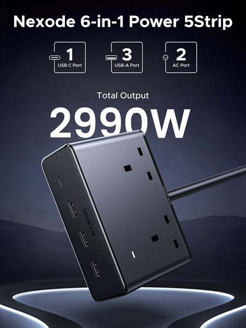 UGREEN Extension Lead with 4 USB Slots, 2 Way 2990W Max Multiple Plug with 1.5m Extension Cable, Compatible with iPhone 17/16/15/14, iPad Pro/Mini, Suitable for Home/Office, Black